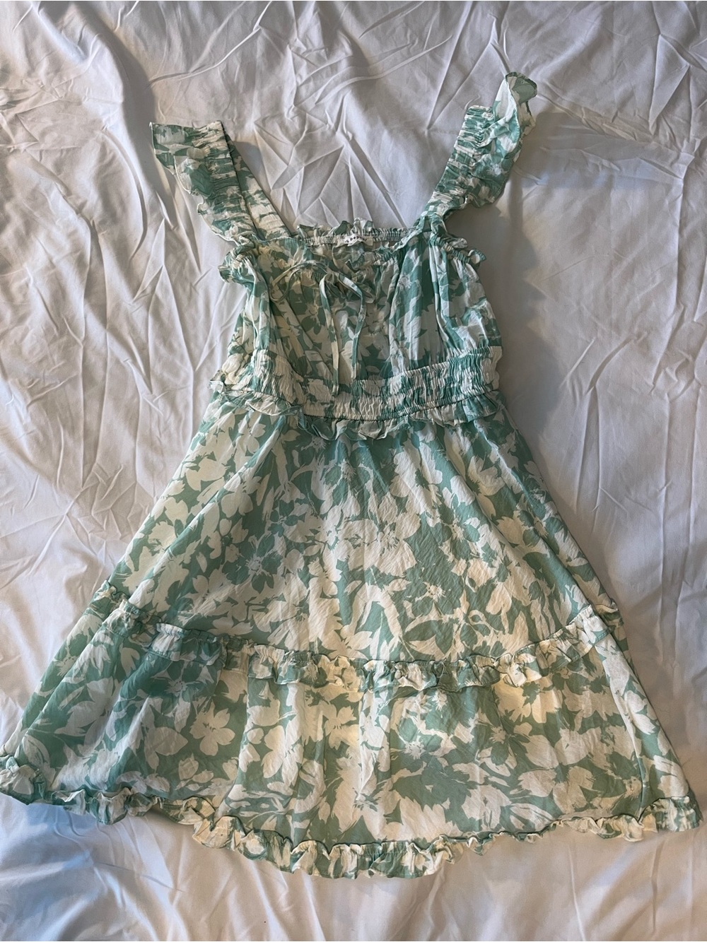 Blu Pepper Mint Green Floral Ruffle Mini Dress